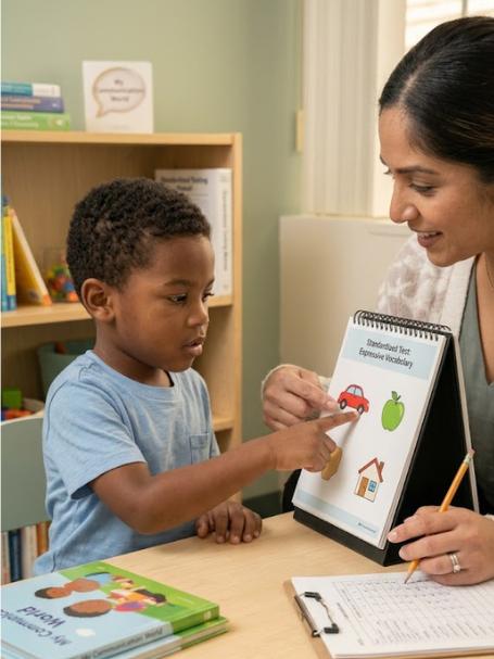 A child identifying pictures with an adult during a language assessment